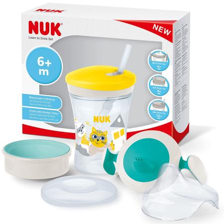 NUK 3-in-1 Trinklernset mit Schnabeltasse(6+M),Magic Cup 360° Trinklernbecher(8+M) & Action Cup Trinkflasche Kinder(12+M) 230ml Neutral (Grün)