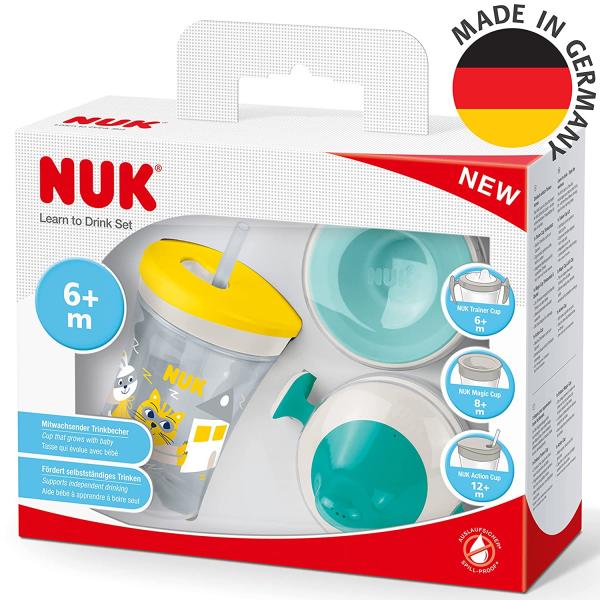 NUK 3-in-1 Trinklernset mit Schnabeltasse(6+M),Magic Cup 360° Trinklernbecher(8+M) & Action Cup Trinkflasche Kinder(12+M) 230ml Neutral (Grün)